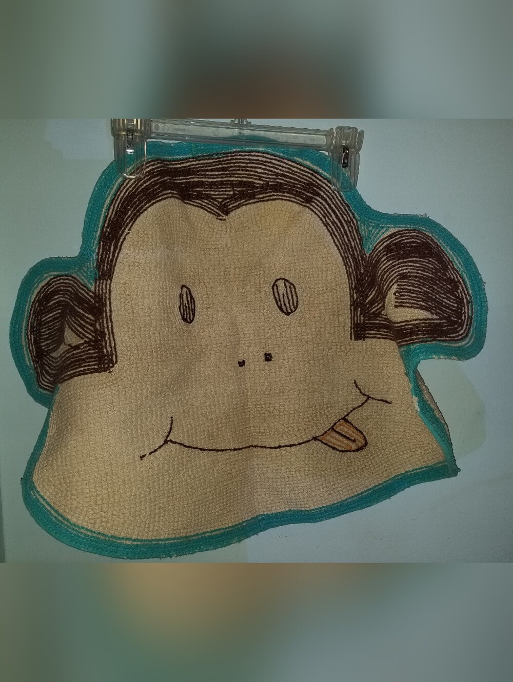 Monkey Face Rug Teal Trim Brown Cream With Smile Face Tongue Out - Picture 2 of 2